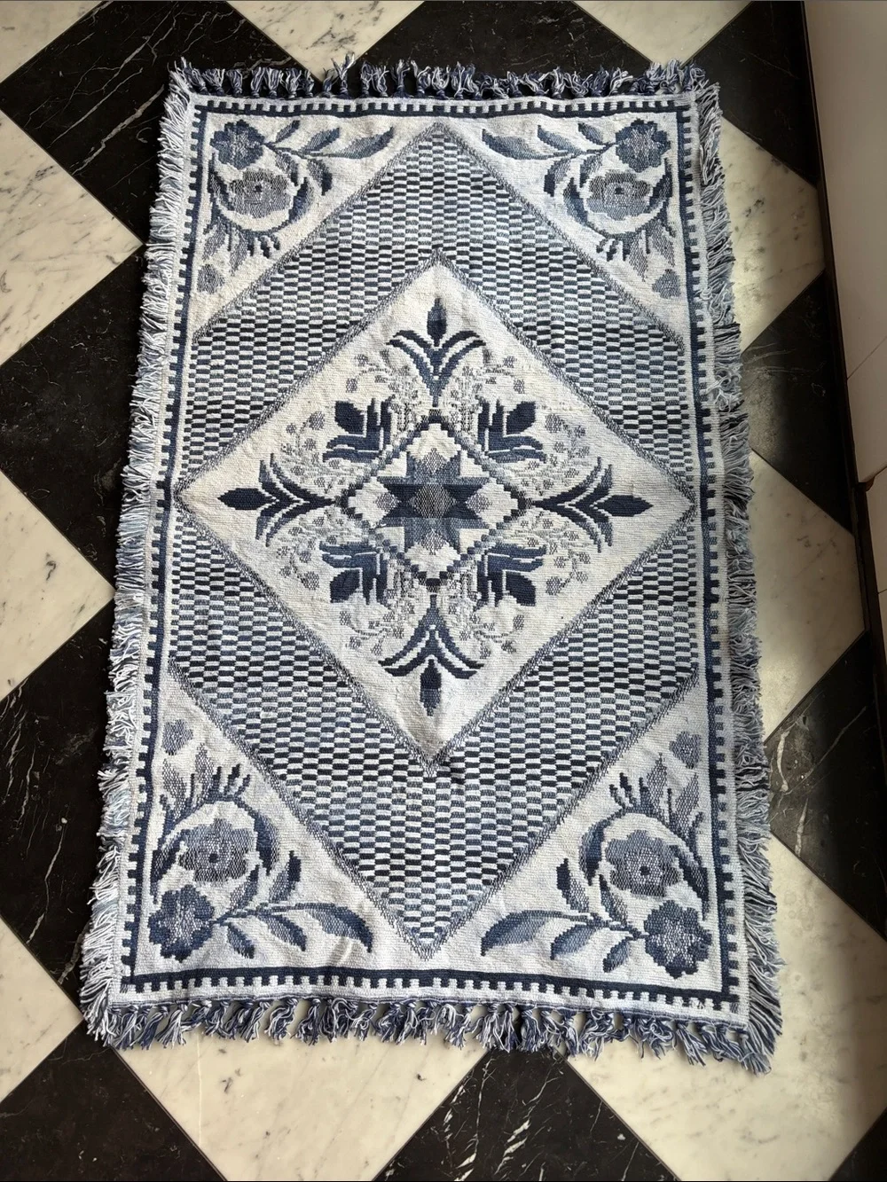 Blue & White Floral Diamond Accent Rug